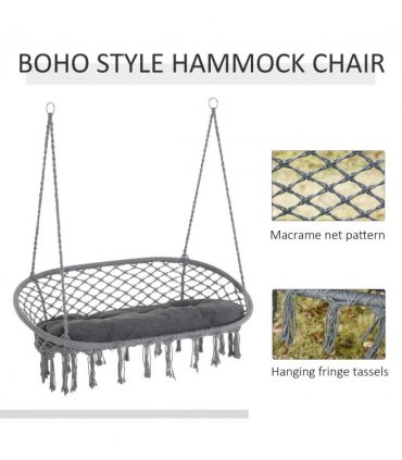 Hanging Hammock Chair Cotton Rope Swing & Metal Frame Large Macrame, Dark Grey