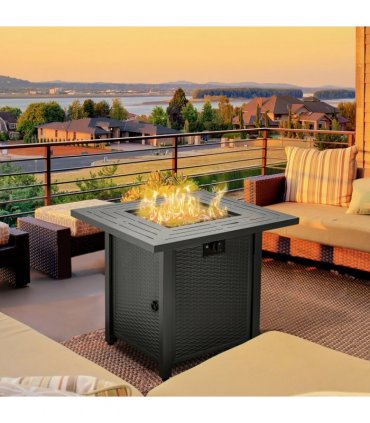 Rattan Black 71cm x 71cm x 62cm Square Propane Gas Fire Pit Table Lid & Rocks