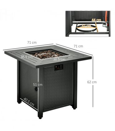 Rattan Black 71cm x 71cm x 62cm Square Propane Gas Fire Pit Table Lid & Rocks