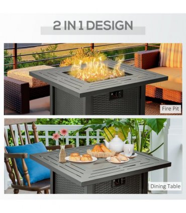 Rattan Black 71cm x 71cm x 62cm Square Propane Gas Fire Pit Table Lid & Rocks