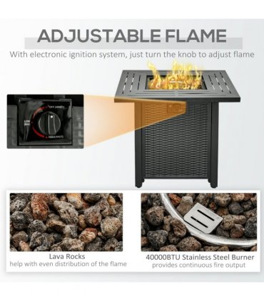 Rattan Black 71cm x 71cm x 62cm Square Propane Gas Fire Pit Table Lid & Rocks
