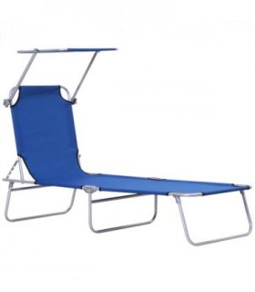 Sun Lounger Reclining Chair Folding Lounger Seat & Sun Shade Awning Beach, Blue