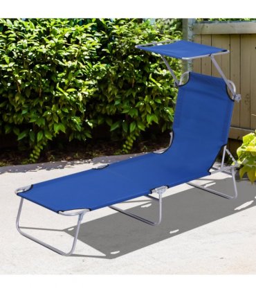 Sun Lounger Reclining Chair Folding Lounger Seat & Sun Shade Awning Beach, Blue