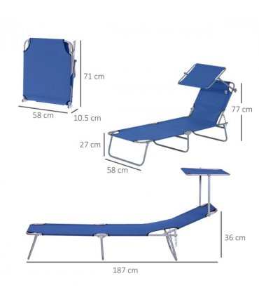 Sun Lounger Reclining Chair Folding Lounger Seat & Sun Shade Awning Beach, Blue