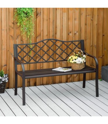Steel Brown 128cm x 60cm x 89cm Double-Seat Geometric Cut-Out Back Bench