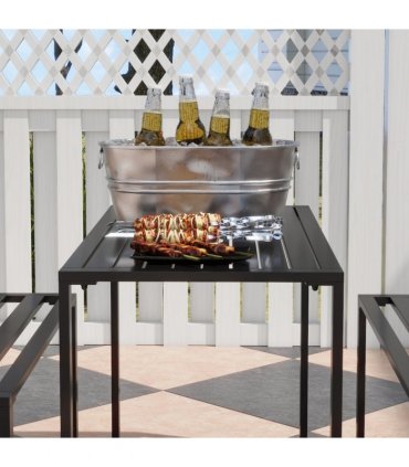 Outsunny 3 Pcs Metal Table W/Bench Set-Black