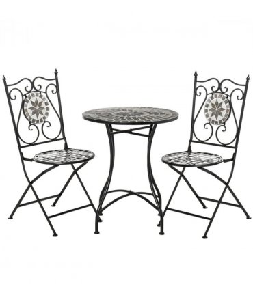 Ceramic Grey 60cm x 60cm x 71cm 3Pc Mosaic Tile Garden Bistro Set Folding Chairs