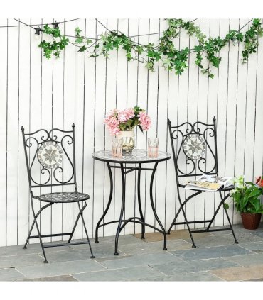 Ceramic Grey 60cm x 60cm x 71cm 3Pc Mosaic Tile Garden Bistro Set Folding Chairs