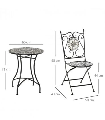 Ceramic Grey 60cm x 60cm x 71cm 3Pc Mosaic Tile Garden Bistro Set Folding Chairs