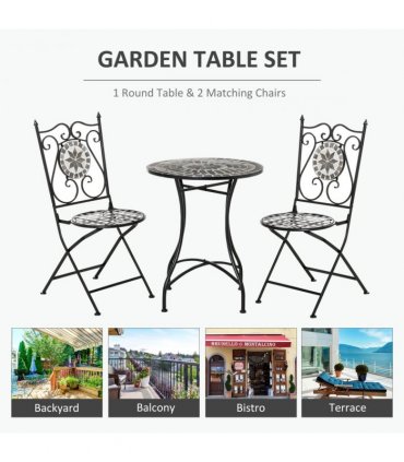 Ceramic Grey 60cm x 60cm x 71cm 3Pc Mosaic Tile Garden Bistro Set Folding Chairs