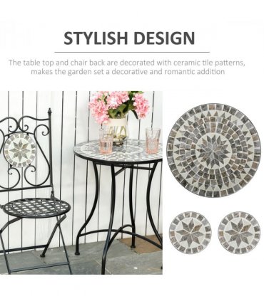 Ceramic Grey 60cm x 60cm x 71cm 3Pc Mosaic Tile Garden Bistro Set Folding Chairs