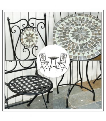 Ceramic Grey 60cm x 60cm x 71cm 3Pc Mosaic Tile Garden Bistro Set Folding Chairs