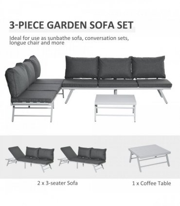 Steel Grey 198cm x 70cm x 70cm 3Pc Garden Seating   Sofa Lounge Table Grey
