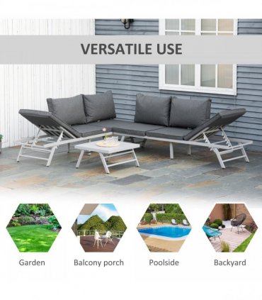 Steel Grey 198cm x 70cm x 70cm 3Pc Garden Seating   Sofa Lounge Table Grey