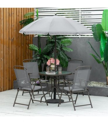 6Pc Patio Dining Set with Umbrella, 4 Folding Chairs Glass Table