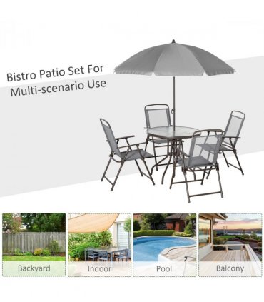 6Pc Patio Dining Set with Umbrella, 4 Folding Chairs Glass Table