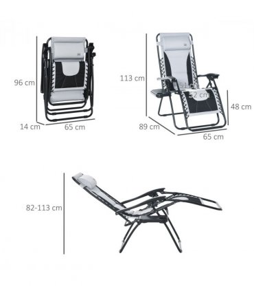 Zero Gravity Folding Recliner Light Grey 65cm x 89cm x 113cm Padded Pillow