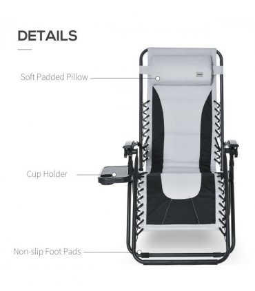 Zero Gravity Folding Recliner Light Grey 65cm x 89cm x 113cm Padded Pillow