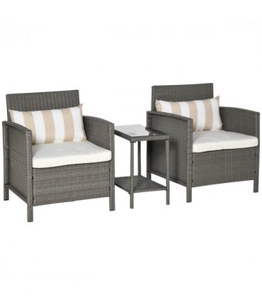 PE Wicker Grey Cream White Rattan 2 Seater Patio Bistro Set with Cushion Pillow