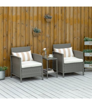 PE Wicker Grey Cream White Rattan 2 Seater Patio Bistro Set with Cushion Pillow
