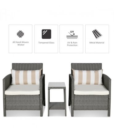 PE Wicker Grey Cream White Rattan 2 Seater Patio Bistro Set with Cushion Pillow