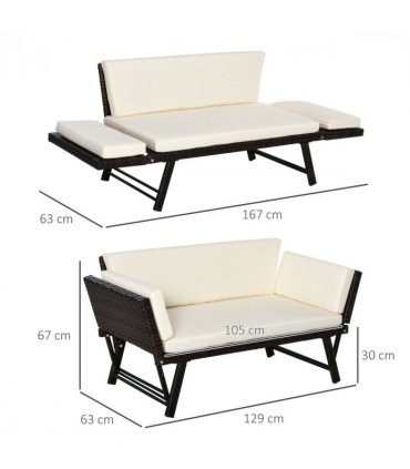 Outsunny 2-Seater 2-in-1 Rattan Convertible Sofa Daybed Brown