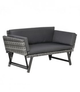 2 in 1 Rattan Folding Daybed Sofa Grey w/Cushion