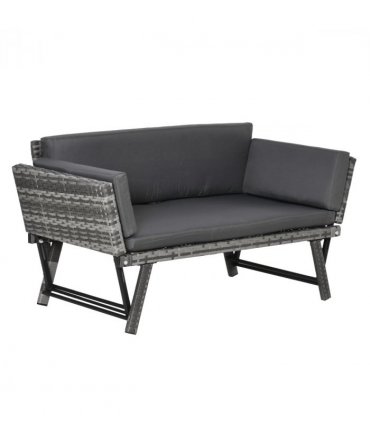 2 in 1 Rattan Folding Daybed Sofa Grey w/Cushion
