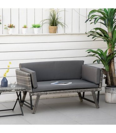 2 in 1 Rattan Folding Daybed Sofa Grey w/Cushion