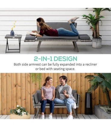 2 in 1 Rattan Folding Daybed Sofa Grey w/Cushion
