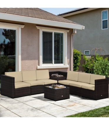 Outdoor 6-Seater Rattan Sofa Set, PE Rattan, Steel, Brown, 58cm x 58cm x 37cm