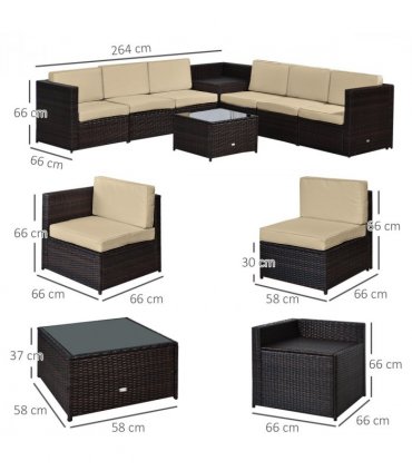 Outdoor 6-Seater Rattan Sofa Set, PE Rattan, Steel, Brown, 58cm x 58cm x 37cm