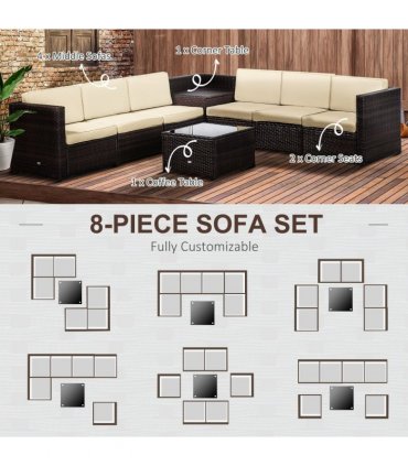 Outdoor 6-Seater Rattan Sofa Set, PE Rattan, Steel, Brown, 58cm x 58cm x 37cm