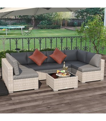 6-Seater Patio PE Rattan Sofa Set, w/ Tempered Glass Coffee Table Grey