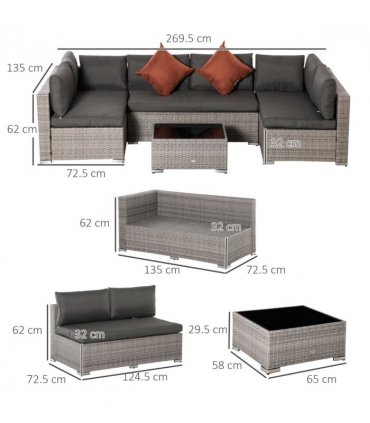 6-Seater Patio PE Rattan Sofa Set, w/ Tempered Glass Coffee Table Grey