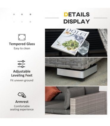 6-Seater Patio PE Rattan Sofa Set, w/ Tempered Glass Coffee Table Grey