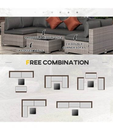 6-Seater Patio PE Rattan Sofa Set, w/ Tempered Glass Coffee Table Grey