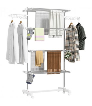 4 Layers Folding Cloth Hanger Stand Rail W/Wheels-White/Silver