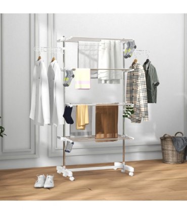 4 Layers Folding Cloth Hanger Stand Rail W/Wheels-White/Silver