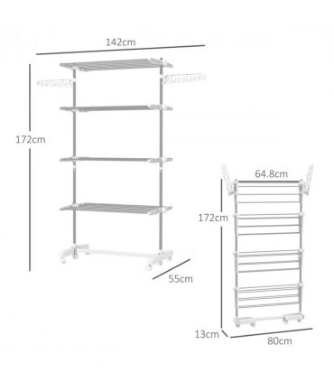 4 Layers Folding Cloth Hanger Stand Rail W/Wheels-White/Silver