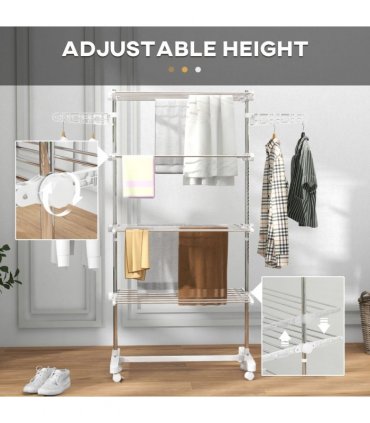 4 Layers Folding Cloth Hanger Stand Rail W/Wheels-White/Silver