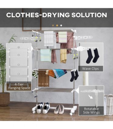4 Layers Folding Cloth Hanger Stand Rail W/Wheels-White/Silver