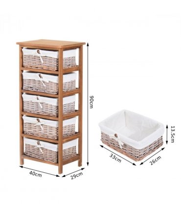 5-Drawers Storage Unit Wooden Frame W/ Wicker Woven Baskets