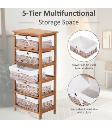 5-Drawers Storage Unit Wooden Frame W/ Wicker Woven Baskets