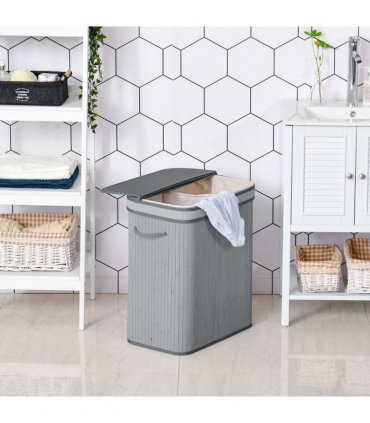100L Flip Lid Bamboo Laundry Basket Grey