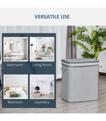 100L Flip Lid Bamboo Laundry Basket Grey