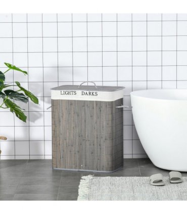 100L Bamboo Laundry Basket with Flip Lid Foldable, Grey Lining,