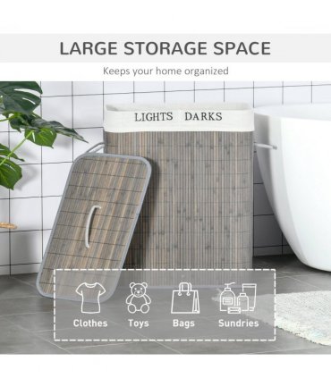 100L Bamboo Laundry Basket with Flip Lid Foldable, Grey Lining,