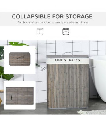 100L Bamboo Laundry Basket with Flip Lid Foldable, Grey Lining,
