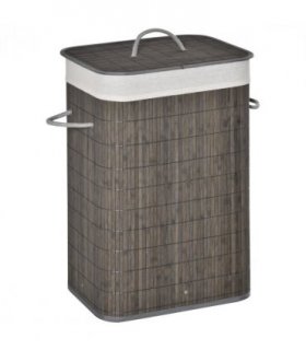 Bamboo Laundry Basket with Flip Lid Foldable, Grey Handles Lining,
